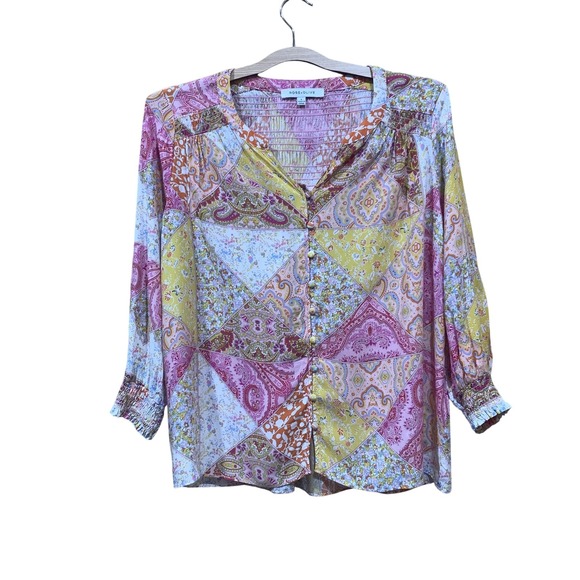 Rose + Olive Blouse Womens Small Multicolor Paisley Floral Button Front Boho - Picture 1 of 13